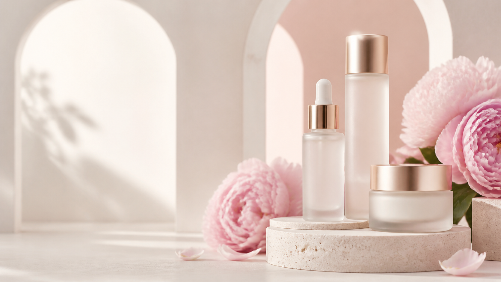 Serum, moisturizer and toner arranged with pink flowers
